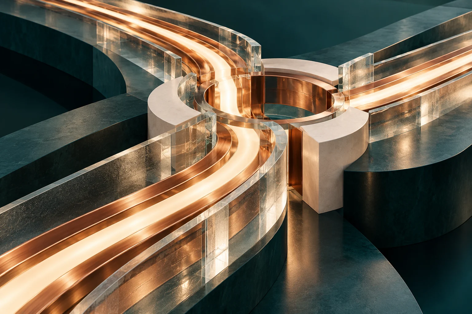 Copper channels connect through a clear glass junction in a petrol and chalk architectural sculpture.