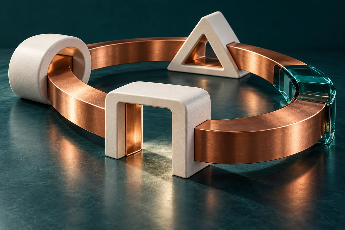 A copper track connects ceramic interchanges and a glass segment around an open loop.