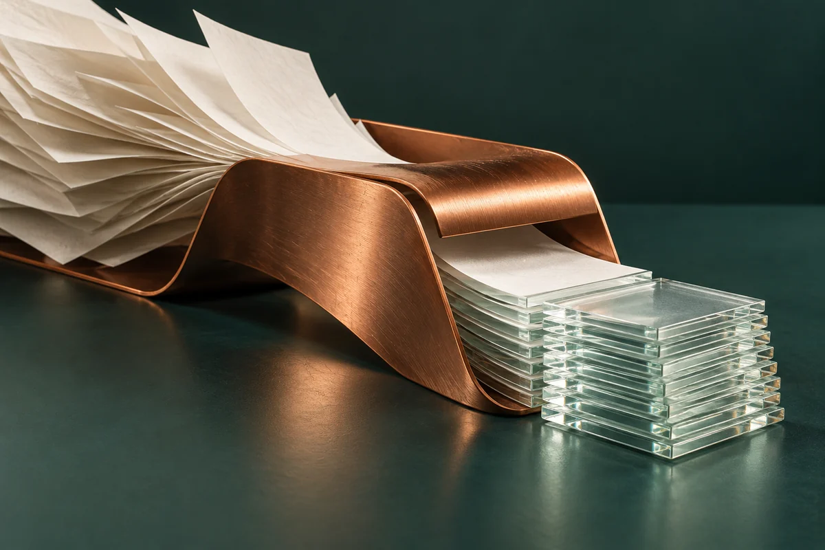Chalk sheets move through a copper channel into aligned glass records.