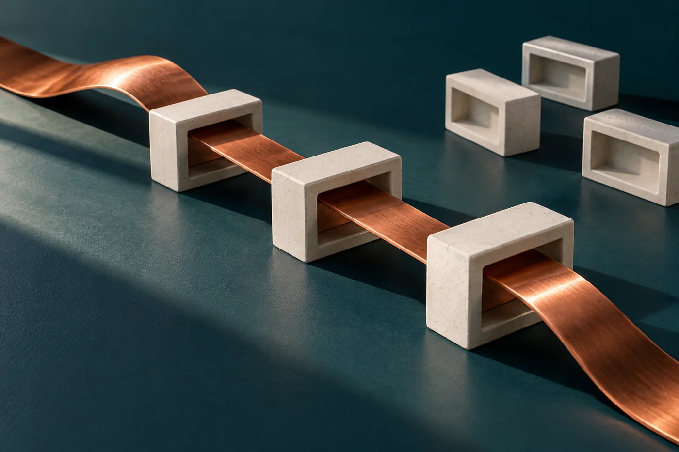 A copper ribbon follows a single route through chalk-colored ceramic channels.