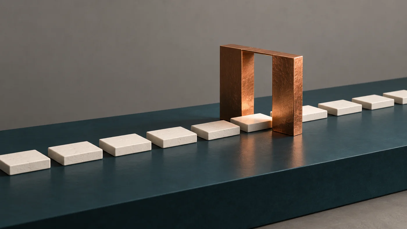 A sequence of chalk tiles pauses at an open copper gate on a petrol-colored surface.