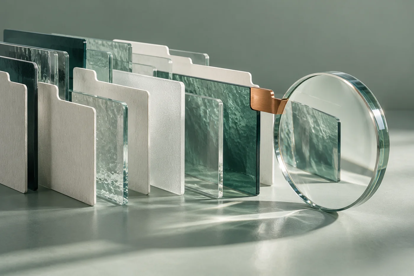 Translucent source sheets and archival dividers viewed through a clear lens with a copper tab.